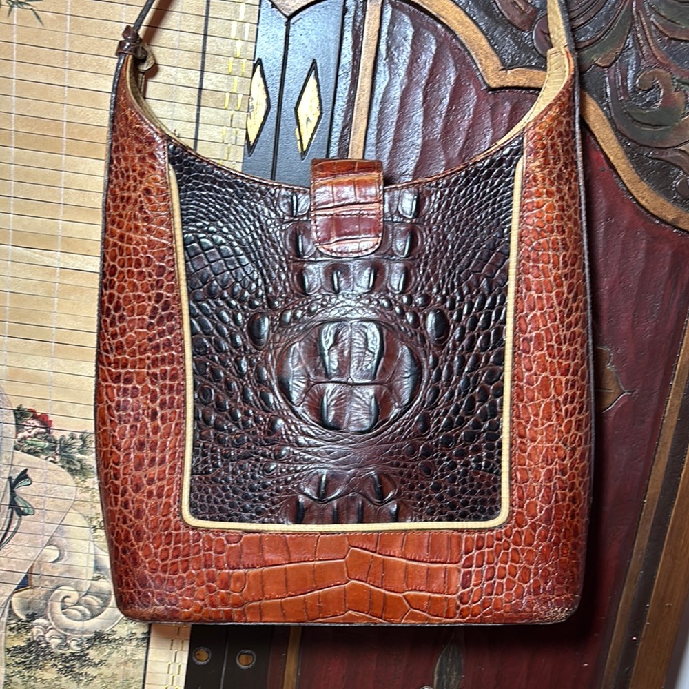 Brahmin Leather Bag Tricolor w Melbourne Croc Magnetic Snap Flap 10”x9.5”x3.5” - Picture 8 of 17